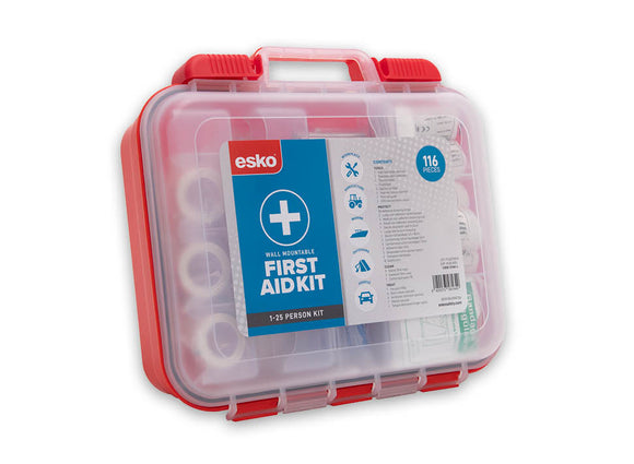 ESKO FIRST AID KIT - 1-25 PERSON - 116PC, PLASTIC WALL MOUNTABLE CASE